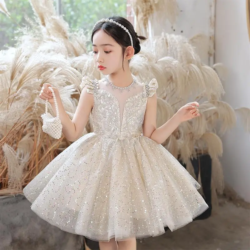 2023 Детское праздничное платье, детские платья цвета шампанского для девочек от 2 до 12 лет, платье для вечеринки, свадебное платье-пачка принцессы с блестками для маленьких девочек