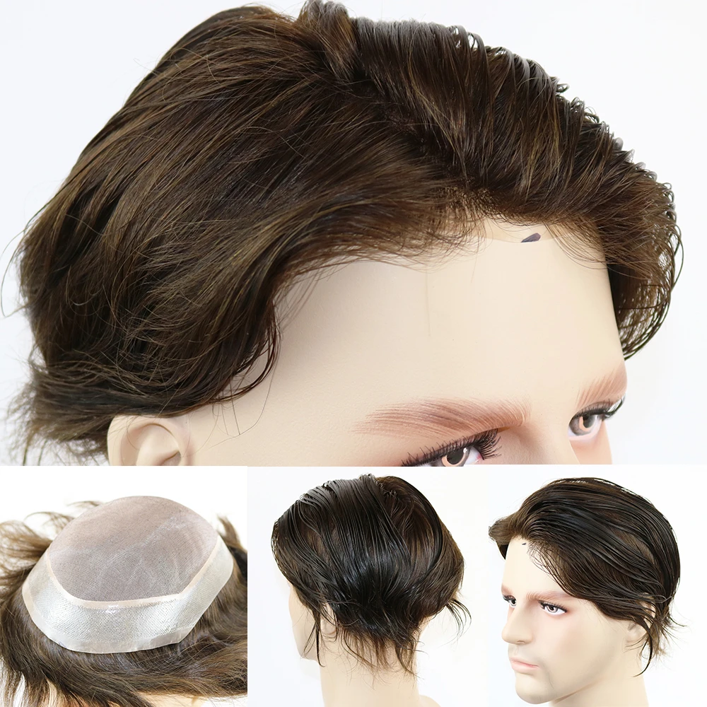 Мужской парик из человеческих волос, парик Моно, парики, 130% Плотность, Прочный мужской протез, парик для мужчин, 6 