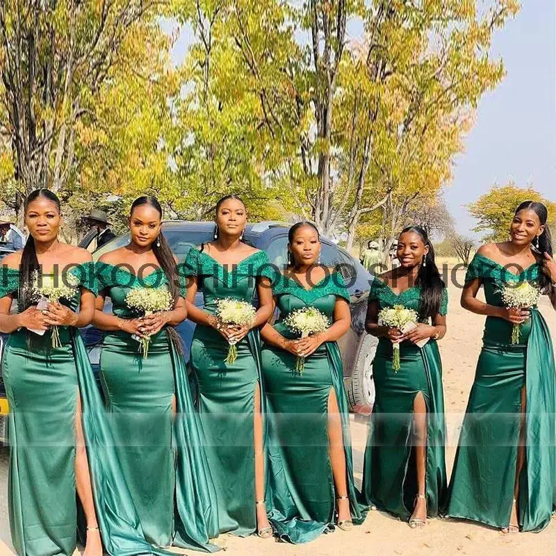 Изумрудно-Зеленые Блестящие Атласные Платья Подружек Невесты С Серпантином С Открытыми Плечами И Разрезом По Бокам, Длинное Свадебное Платье Vestido De Fiesta
