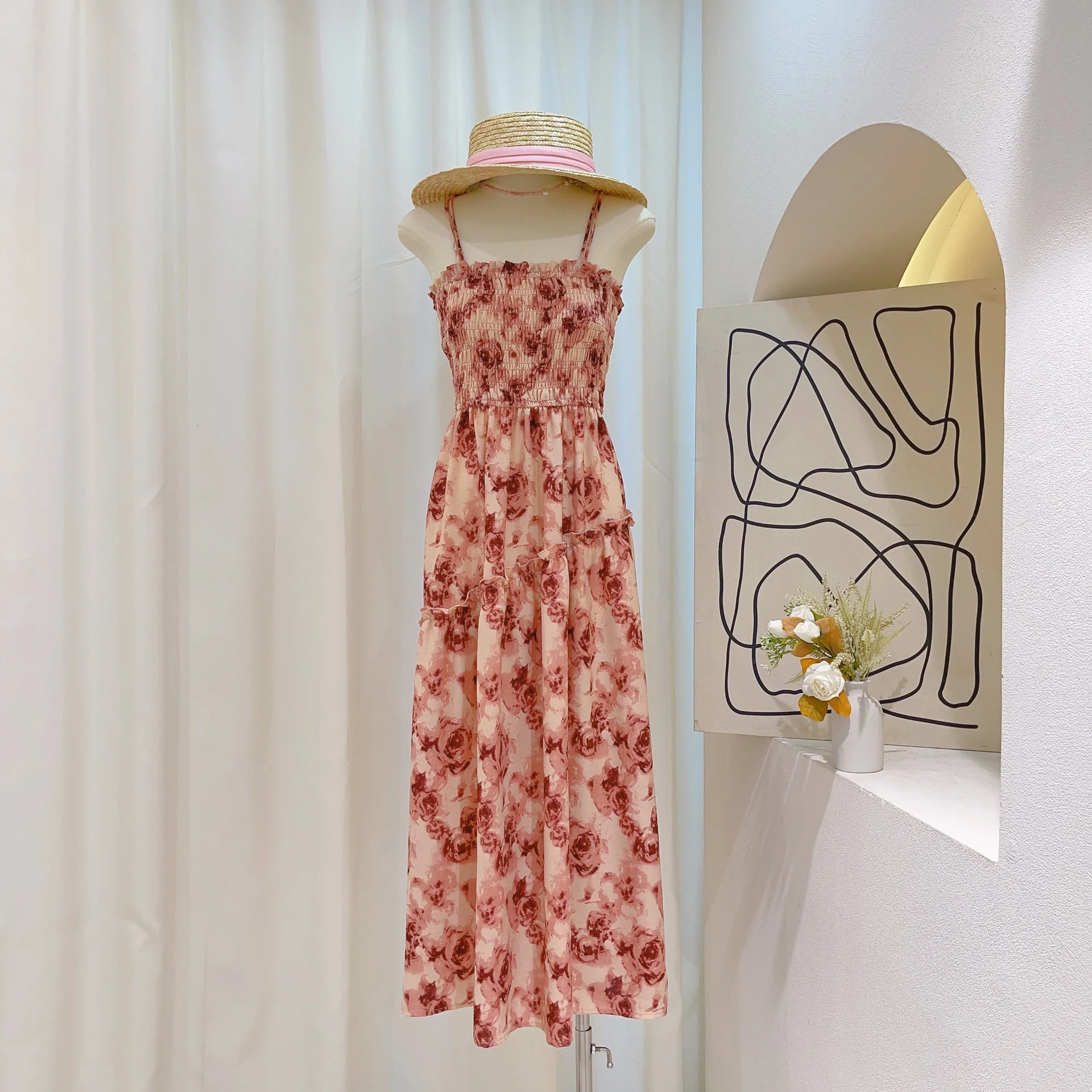 Элегантное Женское платье с розовым принтом, на шнуровке, со складками на бретельках, Тонкое платье для женского пляжного отдыха, модные халаты длиной до щиколоток 2023 г.