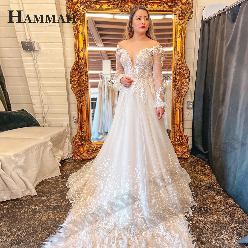 Свадебные платья HAMMAH с аппликацией на длинных рукавах, модные женские платья с глубоким V-образным вырезом, шлейфом, застежкой-молнией без спинки, Vestido De Casamento