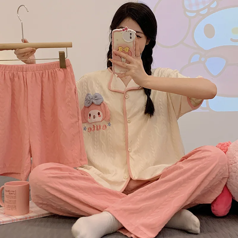 Новая пижама Kawaii Sanrio Mymelody, Комплект из трех предметов с короткими рукавами, Мультяшные Милые Подарки на День Рождения, Подарки Подруге, Игрушки для девочек
