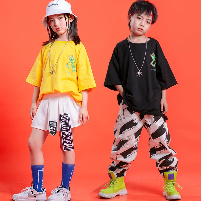 Летняя детская одежда в стиле хип-хоп, Повседневная хлопковая футболка с принтом, Юбка, Брюки, модный костюм для джазовых танцев для мальчиков и девочек от 6 до 16 лет